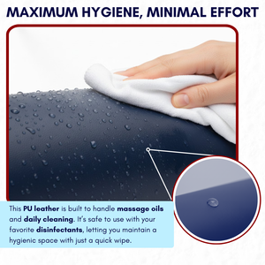 Hand cleaning a bolster PU leather surface with a white cloth, emphasizing hygiene and ease of use.