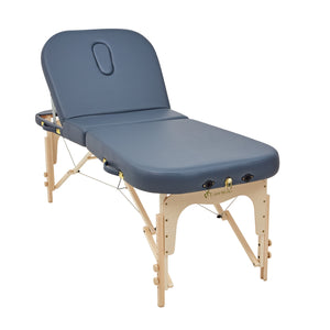 Massage Warehouse Earthworks Comfort Liftback Portable Lightweight Treatment Couch Bed Wooden Navy Black Agate Blue Cream