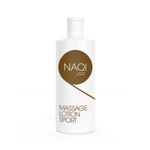 A 500ml bottle of oil rich long glide sports massage lotion for hairy skin and deep tissue recovery, designed for sports masseuses, sports injury clinics, and athletic trainers wishing to order naqi massage lotion sport 500ml online Ireland UK via Massage Warehouse in Kilkenny; formulated specifically for extended sports massage treatments with high lubricity, non-stain performance, nut-free ingredients, and a neutral scent.