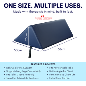 Wedge Bolster massage cushion with dimensions and features listed on a white background