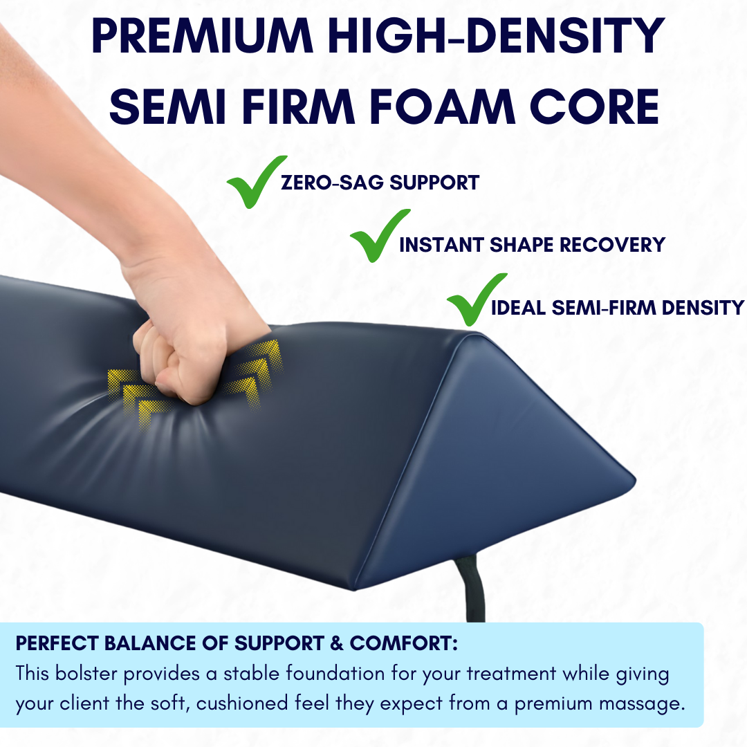Navy blue massage bolster with text highlighting features. ideal semi-firm density.