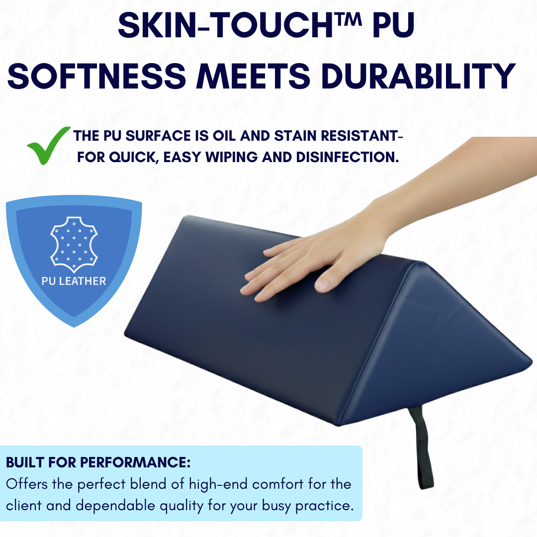 Navy blue wedge-shaped bolster cushion with a hand touching it, featuring text about Skin-Touch PU material.