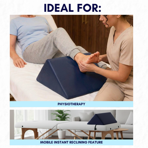 Navy blue wedge bolster massage cushion used for physiotherapy with text indicating its use in physiotherapy and mobile instant reclining feature.