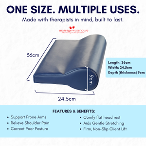 Blue P-Shape bolster with dimensions and features on a white background, featuring Massage Warehouse branding.