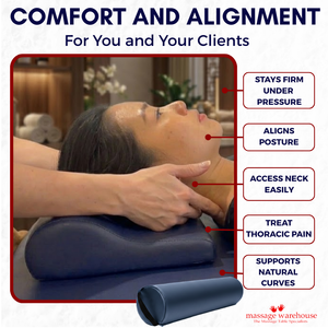 Person receiving neck massage using a Navy P-Shape bolster massage pillow with text highlighting its benefits.