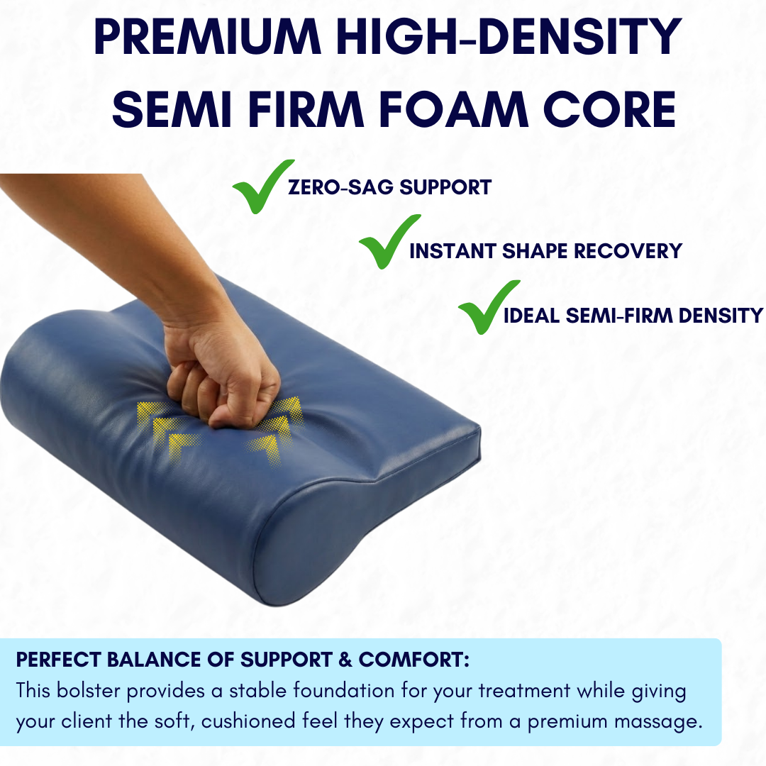 Navy P-Shape foam core bolster with text highlighting high-density semi firm features on a white background
