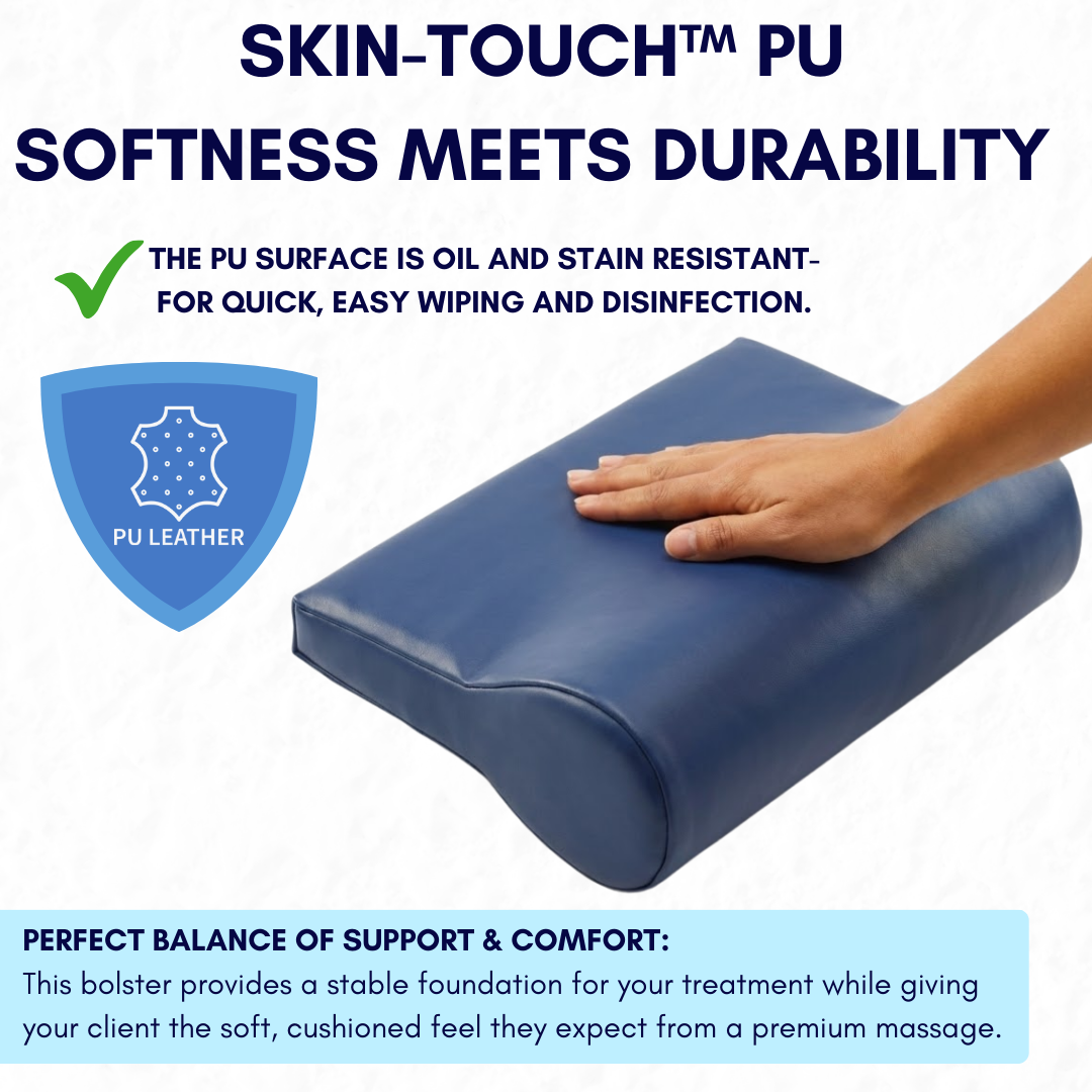 Navy P-Shape bolster massage pillow with a hand touching it, text about Skin-Touch PU material, and benefits.