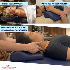 P-Shape massage bolster massage pillow being used by a person receiving a neck massage and another arm massage, with text highlighting its features.