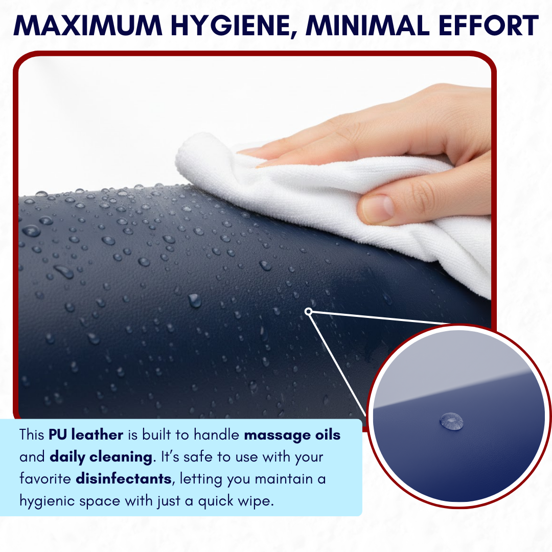 Hand cleaning a bolster surface with a white cloth, emphasizing hygiene and ease of use.
