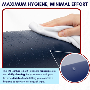 Hand cleaning a bolster surface with a white cloth, emphasizing hygiene and ease of use.
