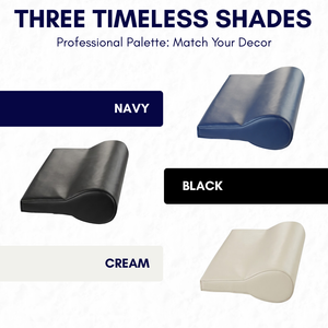 Three color swatches labeled 'Navy', 'Black', and 'Cream' with text 'Three Timeless Shades'.