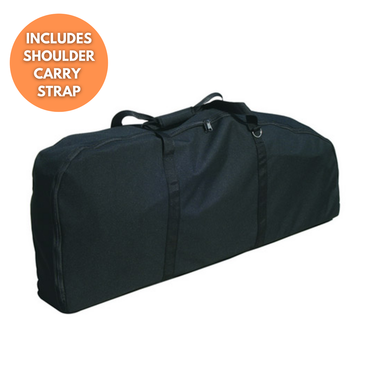 A black deluxe carry case for massage chairs with reinforced grip carry handles and a padded shoulder strap.