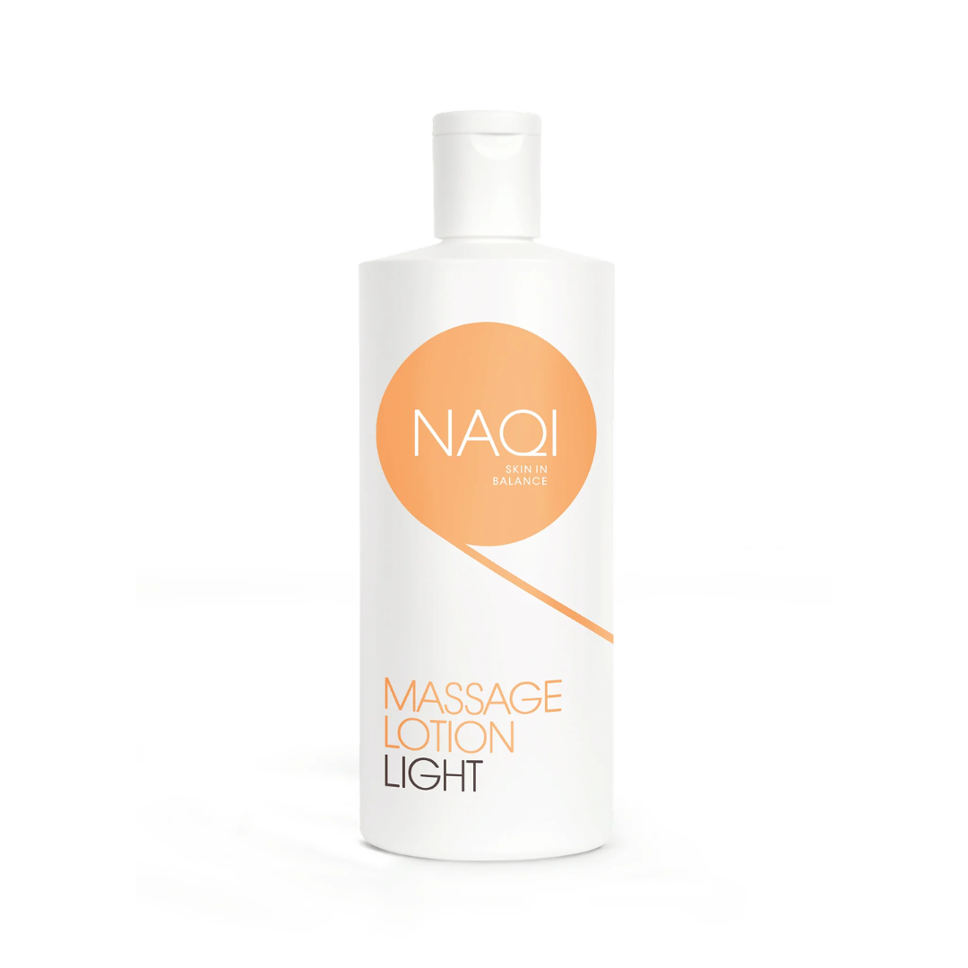 500ml bottle of hypoallergenic non greasy hydrating massage lotion for short massages and sensitive skin, ideal for clinical massage therapists, hospital physiotherapists, and elderly care specialists looking to buy naqi massage lotion light 500ml wholesale UK from Massage Warehouse in Wolverhampton; features a liquid crystal structure formula that restores natural skin balance, washes out easily, and is free from parabens, nuts, and formaldehyde releasers.