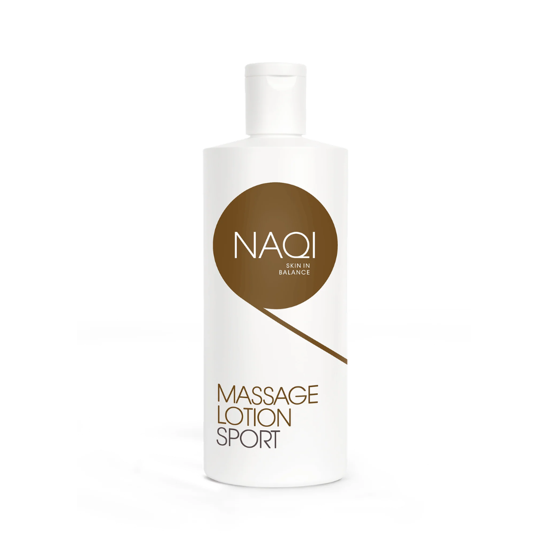 A 500ml bottle of oil rich long glide sports massage lotion for hairy skin and deep tissue recovery, designed for sports masseuses, sports injury clinics, and athletic trainers wishing to order naqi massage lotion sport 500ml online Ireland UK via Massage Warehouse in Kilkenny; formulated specifically for extended sports massage treatments with high lubricity, non-stain performance, nut-free ingredients, and a neutral scent.