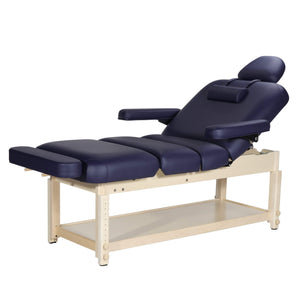 high-resolution studio display of a multi-section salon couch showcasing a matching navy blue massage table length extension seamlessly plugged into the footrest accessory ports; demonstrates how day spa owners and clinical physiotherapists in London can instantly extend their table surface area to comfortably accommodate tall clients without purchasing an entirely new bed.